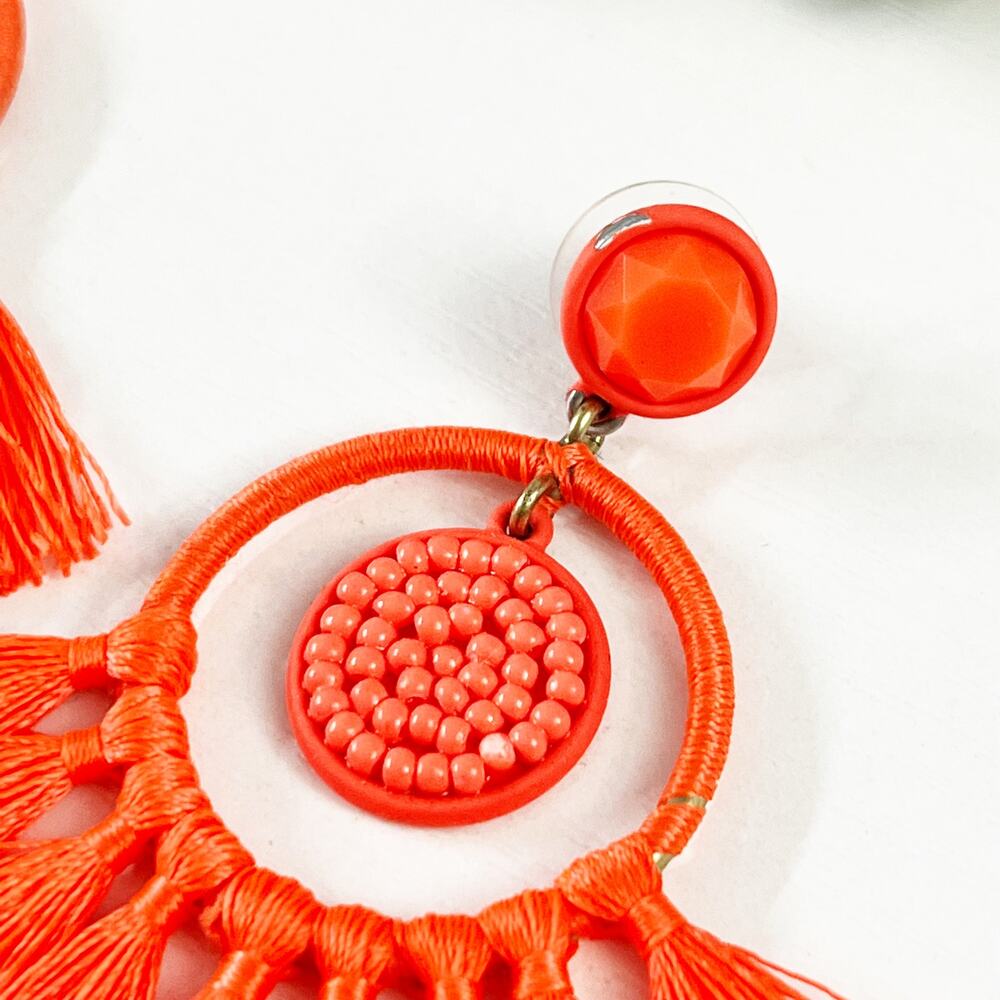 J. Crew Neon Orange Hoop Tassel Fringe Earrings - Picture 3 of 7